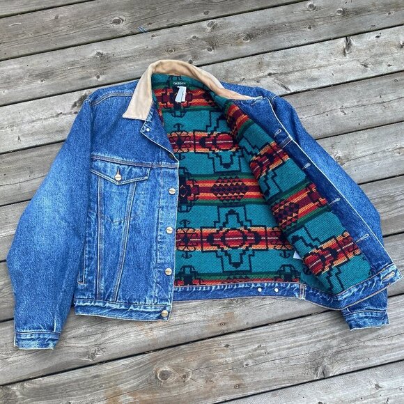 Vintage 1980s Blanket Lined Giordano Aztec Denim Jacket Large - Picture 1 of 14